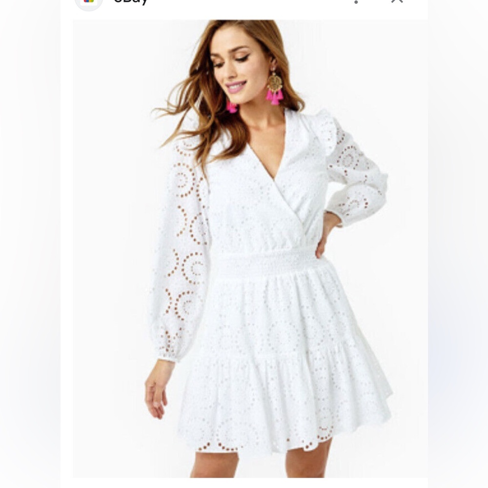 Lilly Pulitzer White Eyelet Long Sleeve Smocked Waist Taviana Dress SIZE 16